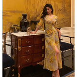 Niulatu Sheath V Neckline Floral Yellow Slit Prom Dresses Birthday Outfits Evening Gown SD1034