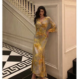 Niulatu Sheath V Neckline Floral Yellow Slit Prom Dresses Birthday Outfits Evening Gown SD1034