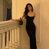 Niulatu Sheath Spaghetti Straps Black Prom Dresses Birthday Outfits Evening Gown SD1035