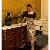 Niulatu A Line Square Neckline Floral Black Prom Dresses Birthday Outfits Evening Gown SD1036