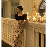 Niulatu A Line Square Neckline Floral Black Prom Dresses Birthday Outfits Evening Gown SD1036