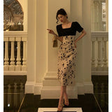 Niulatu A Line Square Neckline Floral Black Prom Dresses Birthday Outfits Evening Gown SD1036