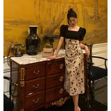 Niulatu A Line Square Neckline Floral Black Prom Dresses Birthday Outfits Evening Gown SD1036