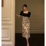 Niulatu A Line Square Neckline Floral Black Prom Dresses Birthday Outfits Evening Gown SD1036