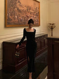 Niulatu French Sheath Square Neckline Black Prom Dresses Birthday Outfits Evening Gown SD1039