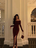 Niulatu French Sheath Off The Shoulder Burgundy Split Prom Dresses Birthday Outfits Evening Gown SD1043