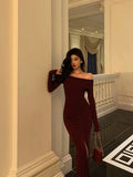 Niulatu French Sheath Off The Shoulder Burgundy Split Prom Dresses Birthday Outfits Evening Gown SD1043