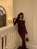 Niulatu French Sheath Off The Shoulder Burgundy Split Prom Dresses Birthday Outfits Evening Gown SD1043