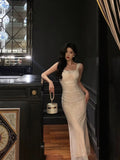 Niulatu French Mermaid Square Neckline Lace White Prom Dresses Birthday Outfits Evening Gown SD1051