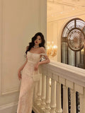 Niulatu French Mermaid Square Neckline Lace White Prom Dresses Birthday Outfits Evening Gown SD1051