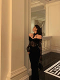 Niulatu French Sheath Off The Shoulder Black Lace Prom Dresses Birthday Outfits Evening Gown SD1056
