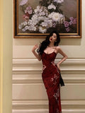 Niulatu French Mermaid Spaghetti Straps Burgundy Prom Dresses Birthday Outfits Evening Gown SD1063