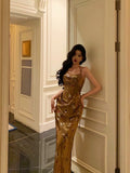 Niulatu Sheath Straps Gold Satin Date Night Dress Long Prom Dresses Birthday Outfits SD1064