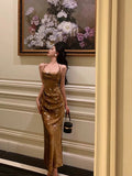 Niulatu Sheath Straps Gold Satin Date Night Dress Long Prom Dresses Birthday Outfits SD1064