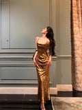 Niulatu Sheath Straps Gold Satin Date Night Dress Long Prom Dresses Birthday Outfits SD1064