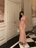 Niulatu Sheath Spaghetti Straps Pink Chiffon Date Night Dress Long Prom Dresses Birthday Outfits SD1065