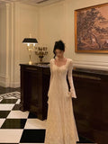 Niulatu A line Long Sleeves Lace Date Night Dress Long Prom Dresses Birthday Outfits SD1066