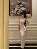 Niulatu Sheath Spaghetti Straps White Satin Date Night Dress Long Prom Dresses Birthday Outfits SD1067