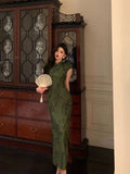 Niulatu Sheath High Neckline Short Sleeves Green Date Night Dress Long Prom Dresses Birthday Outfits SD1068