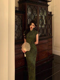 Niulatu Sheath High Neckline Short Sleeves Green Date Night Dress Long Prom Dresses Birthday Outfits SD1068