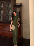 Niulatu Sheath High Neckline Short Sleeves Green Date Night Dress Long Prom Dresses Birthday Outfits SD1068