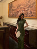 Niulatu Sheath High Neckline Short Sleeves Green Date Night Dress Long Prom Dresses Birthday Outfits SD1068
