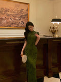 Niulatu Sheath High Neckline Short Sleeves Green Date Night Dress Long Prom Dresses Birthday Outfits SD1068