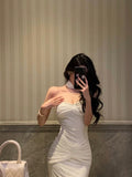 Niulatu Sheath Strapless Neckline White Prom Dresses Birthday Outfits Evening Gown SD1077