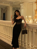 Niulatu Sheath Spaghetti Straps Black Lace Date Night Dress Long Prom Dresses Birthday Outfits SD1078