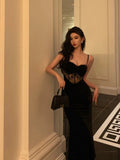 Niulatu Sheath Spaghetti Straps Black Lace Date Night Dress Long Prom Dresses Birthday Outfits SD1078