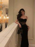 Niulatu Sheath Spaghetti Straps Black Lace Date Night Dress Long Prom Dresses Birthday Outfits SD1078
