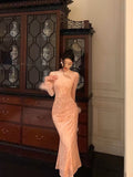 Niulatu Sheath High Neckline Long Sleeves Pink Date Night Dress Long Prom Dresses Birthday Outfits SD1080