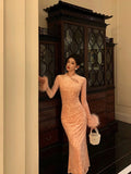 Niulatu Sheath High Neckline Long Sleeves Pink Date Night Dress Long Prom Dresses Birthday Outfits SD1080