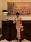 Niulatu Sheath High Neckline Long Sleeves Pink Date Night Dress Long Prom Dresses Birthday Outfits SD1080