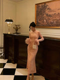 Niulatu Sheath High Neckline Long Sleeves Pink Date Night Dress Long Prom Dresses Birthday Outfits SD1080