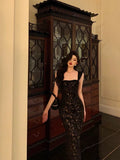Niulatu Mermaid Spaghetti Straps Date Night Dress Black Lace Prom Dresses Birthday Outfits SD1086