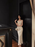 Niulatu Sheath Spaghetti Straps Ivory Chiffon Prom Dresses Birthday Outfits Evening Gown SD1087
