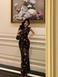 Niulatu Sheath High Neckline Black Floral Date Night Dress Long Prom Dresses Birthday Outfits SD1089
