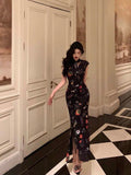 Niulatu Sheath High Neckline Black Floral Date Night Dress Long Prom Dresses Birthday Outfits SD1089