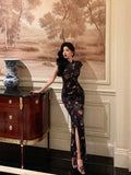 Niulatu Sheath High Neckline Black Floral Date Night Dress Long Prom Dresses Birthday Outfits SD1089
