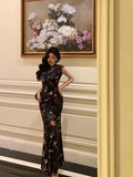 Niulatu Sheath High Neckline Black Floral Date Night Dress Long Prom Dresses Birthday Outfits SD1089