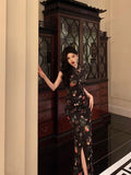 Niulatu Sheath High Neckline Black Floral Date Night Dress Long Prom Dresses Birthday Outfits SD1089