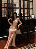 Niulatu Mermaid Spaghetti Straps Champagne Slit Date Night Dress Prom Dresses Birthday Outfits SD1094