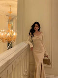 Niulatu Mermaid Long Sleeves Ivory Slit Prom Dresses Birthday Outfits Evening Gown SD1095