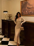 Niulatu Mermaid Long Sleeves Ivory Slit Prom Dresses Birthday Outfits Evening Gown SD1095