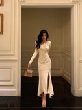 Niulatu Mermaid Long Sleeves Ivory Slit Prom Dresses Birthday Outfits Evening Gown SD1095