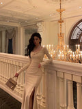 Niulatu Mermaid Long Sleeves Ivory Slit Prom Dresses Birthday Outfits Evening Gown SD1095