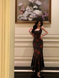 Niulatu Sheath Straps Black Floral Prom Dresses Birthday Outfits Evening Gown SD1096