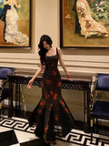 Niulatu Sheath Straps Black Floral Prom Dresses Birthday Outfits Evening Gown SD1096