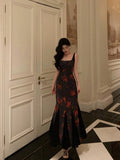 Niulatu Sheath Straps Black Floral Prom Dresses Birthday Outfits Evening Gown SD1096